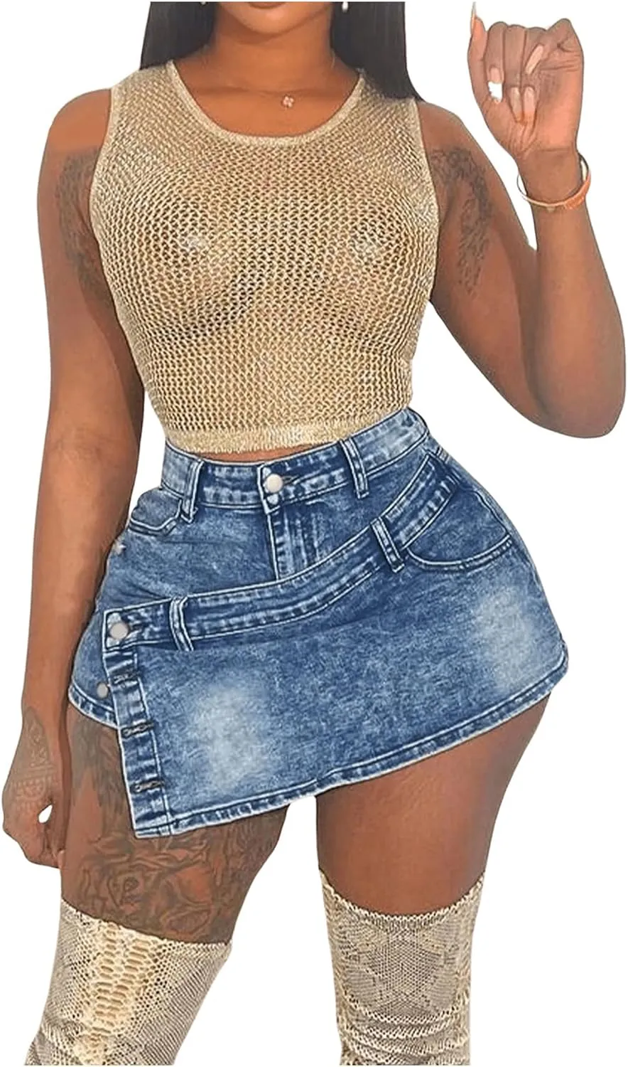 SHENHE Women's Y2K Rave Vintage Button Wrap Asymmetrical Hem Cargo Mini Denim Skort