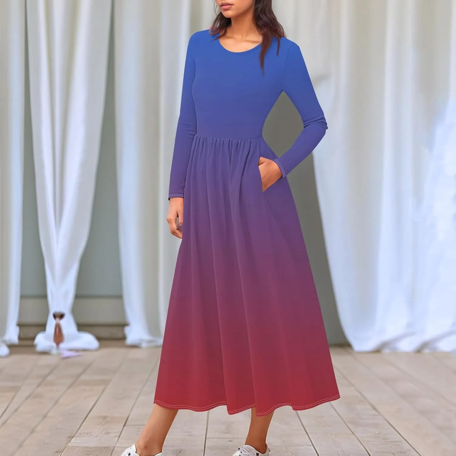 Shift Dress for Women Long Sleeve Round Neck Floral Print Midi Dress Slim Fit Empire Waist Pleated Dress with Pocket
