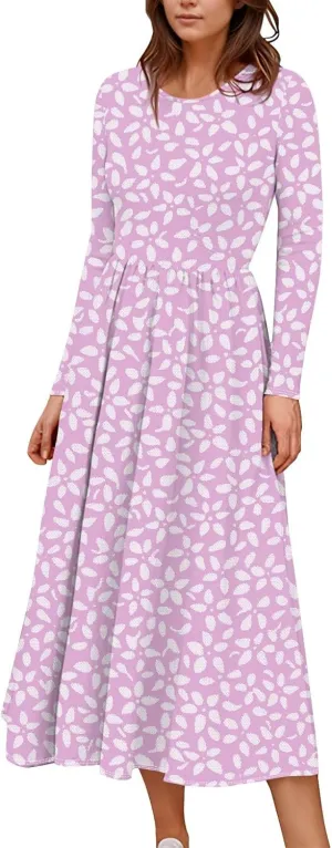 Shift Dress for Women Long Sleeve Round Neck Floral Print Midi Dress Slim Fit Empire Waist Pleated Dress with Pocket