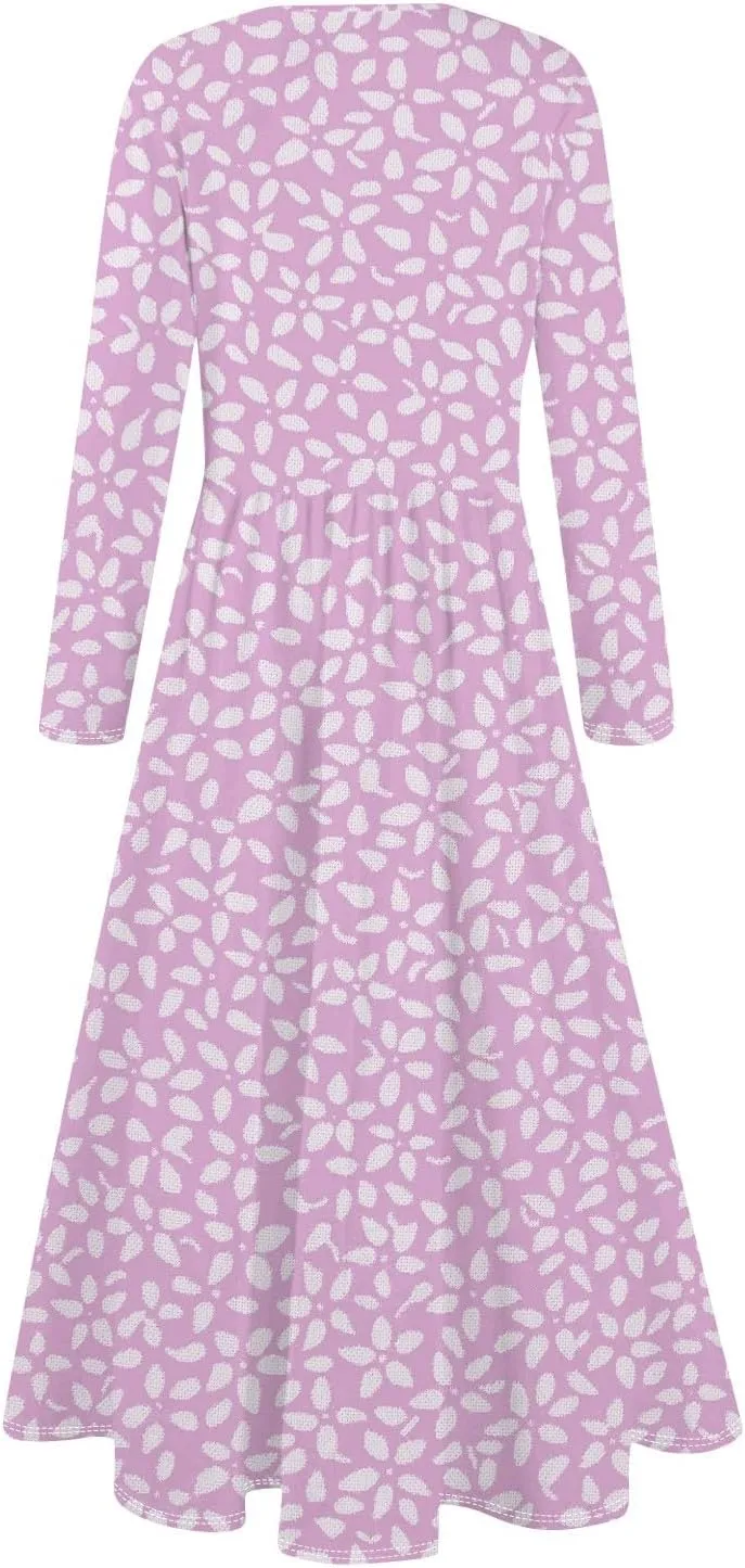 Shift Dress for Women Long Sleeve Round Neck Floral Print Midi Dress Slim Fit Empire Waist Pleated Dress with Pocket