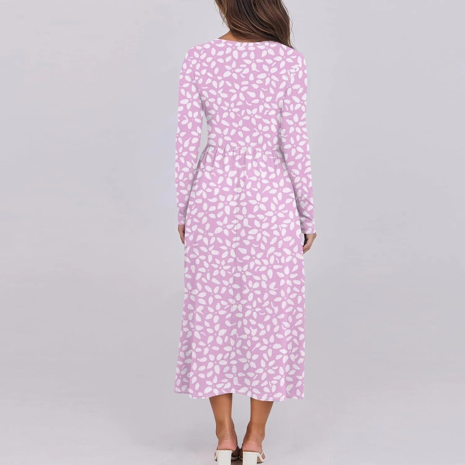 Shift Dress for Women Long Sleeve Round Neck Floral Print Midi Dress Slim Fit Empire Waist Pleated Dress with Pocket