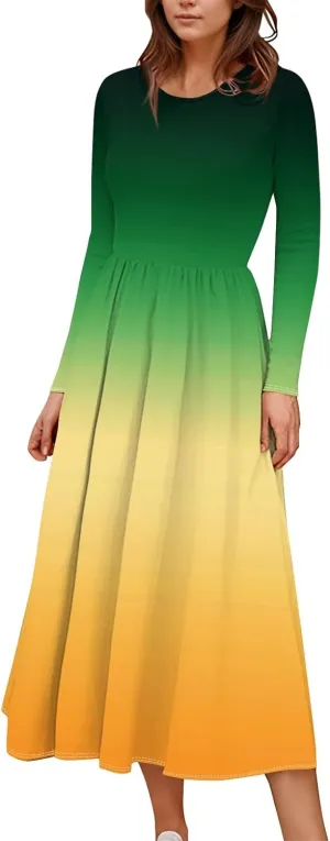 Shift Dress for Women Long Sleeve Round Neck Floral Print Midi Dress Slim Fit Empire Waist Pleated Dress with Pocket
