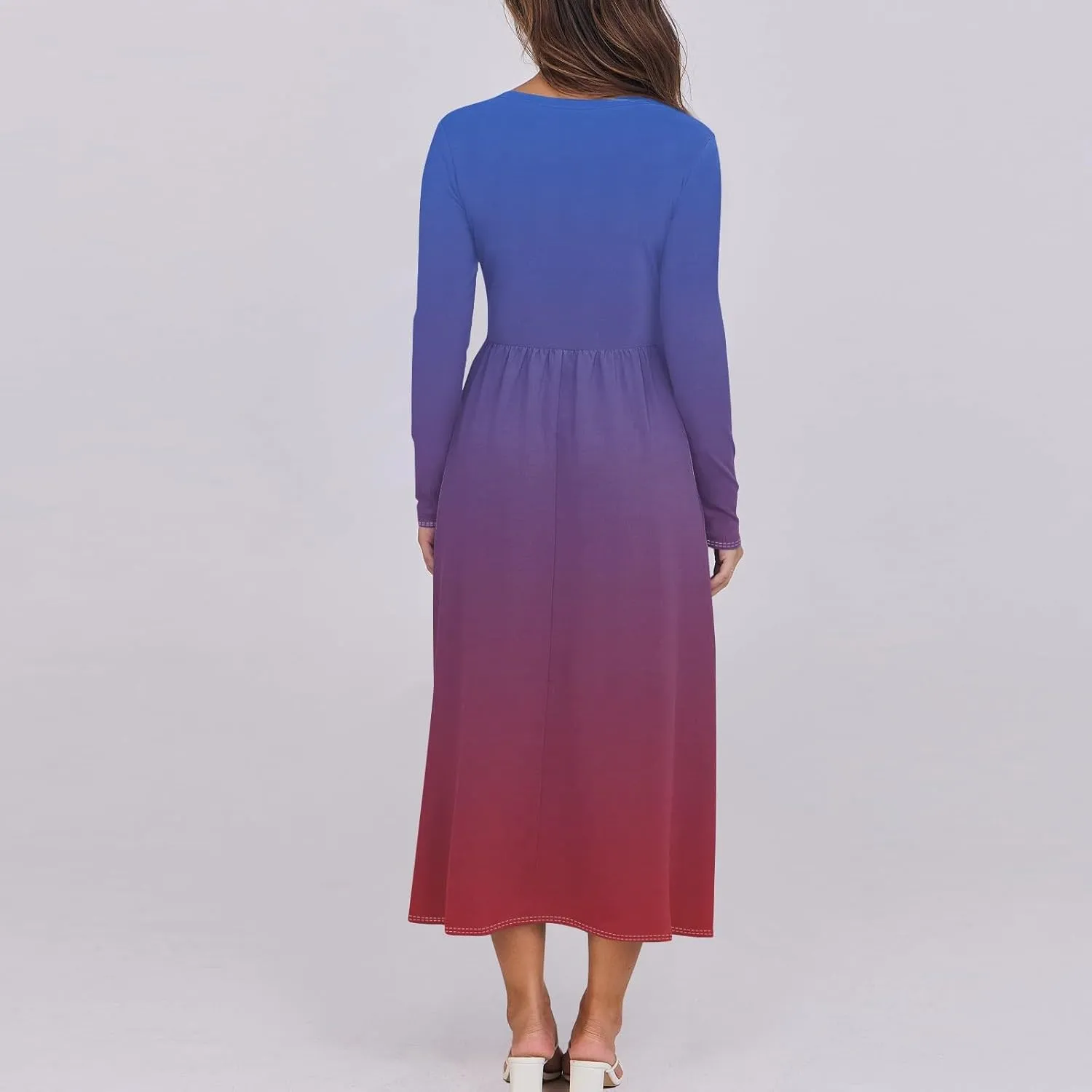 Shift Dress for Women Long Sleeve Round Neck Floral Print Midi Dress Slim Fit Empire Waist Pleated Dress with Pocket