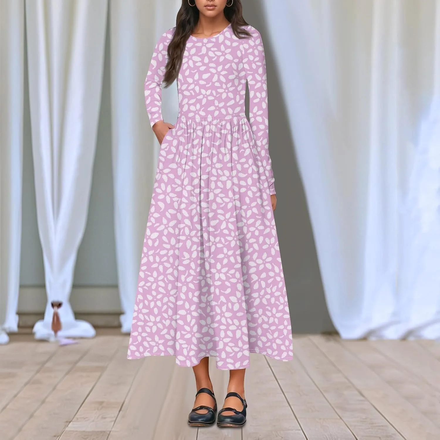 Shift Dress for Women Long Sleeve Round Neck Floral Print Midi Dress Slim Fit Empire Waist Pleated Dress with Pocket