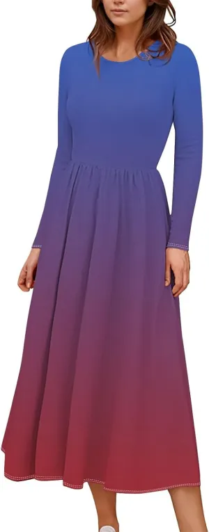 Shift Dress for Women Long Sleeve Round Neck Floral Print Midi Dress Slim Fit Empire Waist Pleated Dress with Pocket