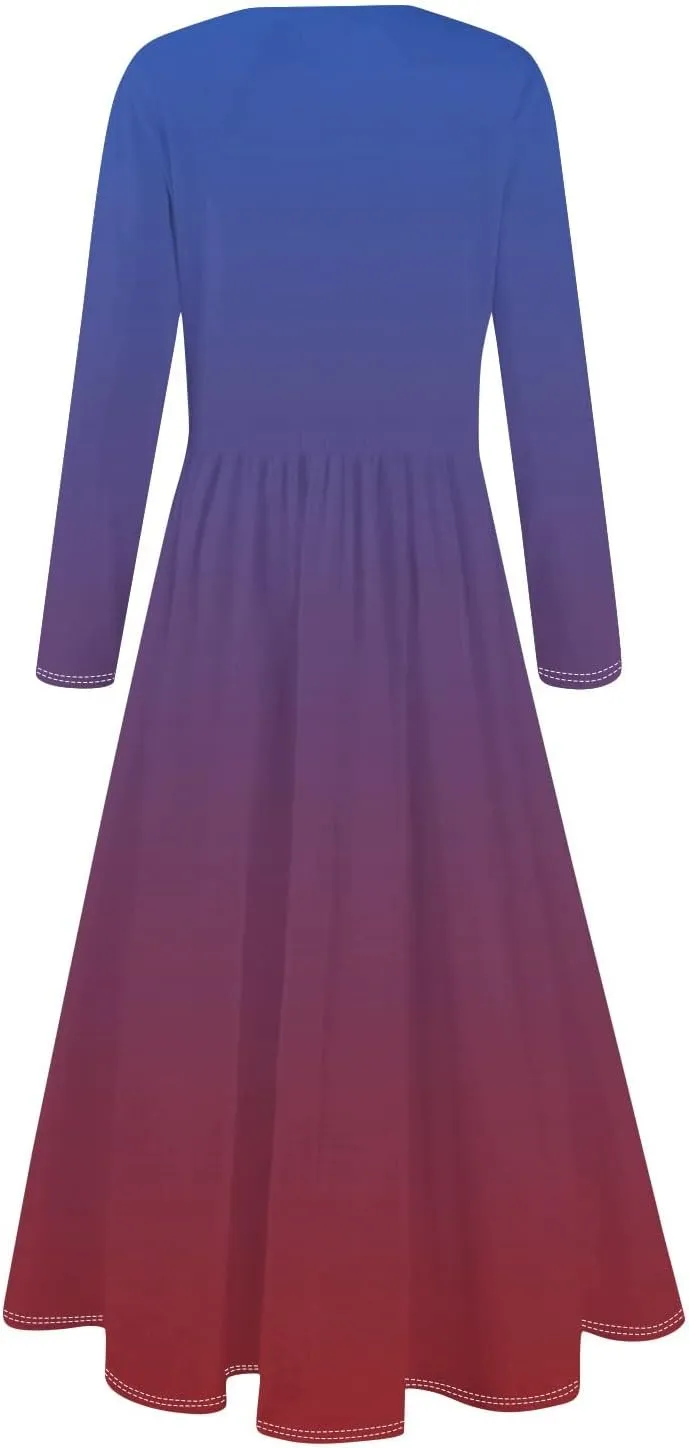 Shift Dress for Women Long Sleeve Round Neck Floral Print Midi Dress Slim Fit Empire Waist Pleated Dress with Pocket