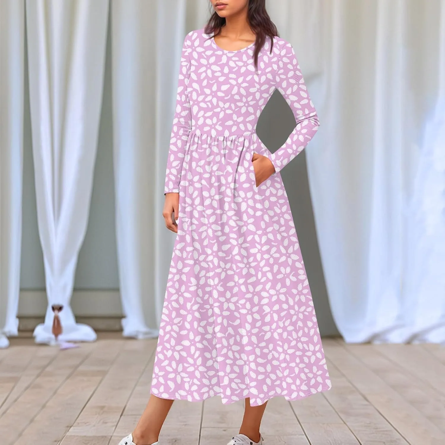 Shift Dress for Women Long Sleeve Round Neck Floral Print Midi Dress Slim Fit Empire Waist Pleated Dress with Pocket