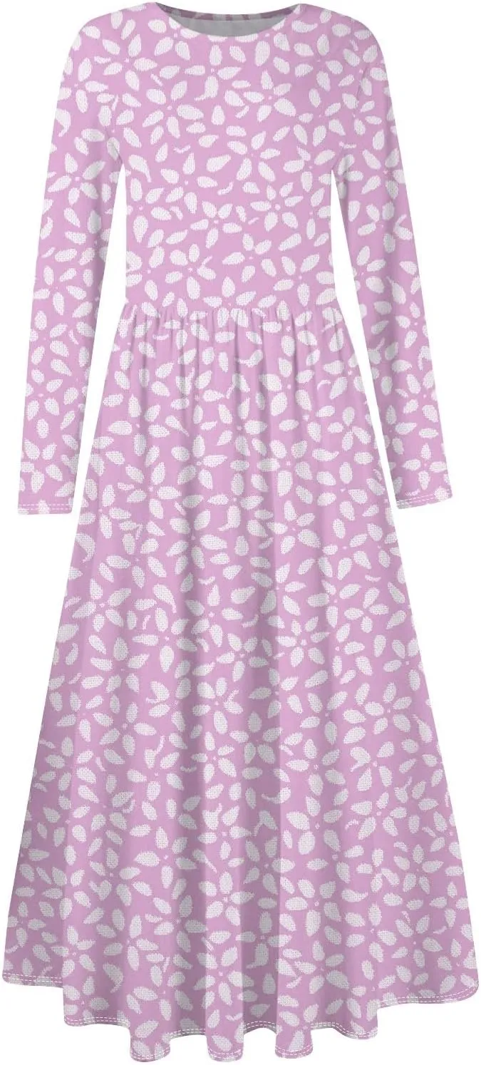 Shift Dress for Women Long Sleeve Round Neck Floral Print Midi Dress Slim Fit Empire Waist Pleated Dress with Pocket