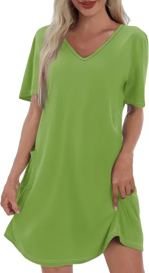 Short Sleeve Dress for Women Sexy V Neck T Shirt Dress Summer Casual Loose Short Dress Cute Mini Dress with Pockets