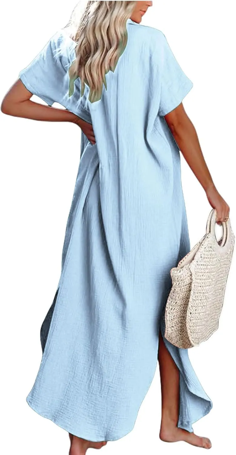 Short Sleeve Dresses Women Side Split Button Down Long Kimonos Cardigans Swimsuit Cover Ups Summer Beach Dress