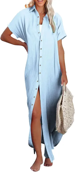Short Sleeve Dresses Women Side Split Button Down Long Kimonos Cardigans Swimsuit Cover Ups Summer Beach Dress