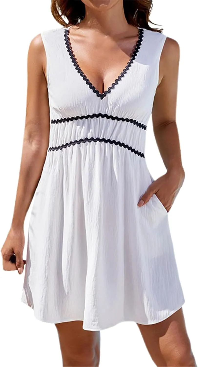 Short Sun Dresses Women Summer Holiday Deep V Neck Sleeveless Elastic Waist A Line Corset Dress Sexy Spring Break Clothes