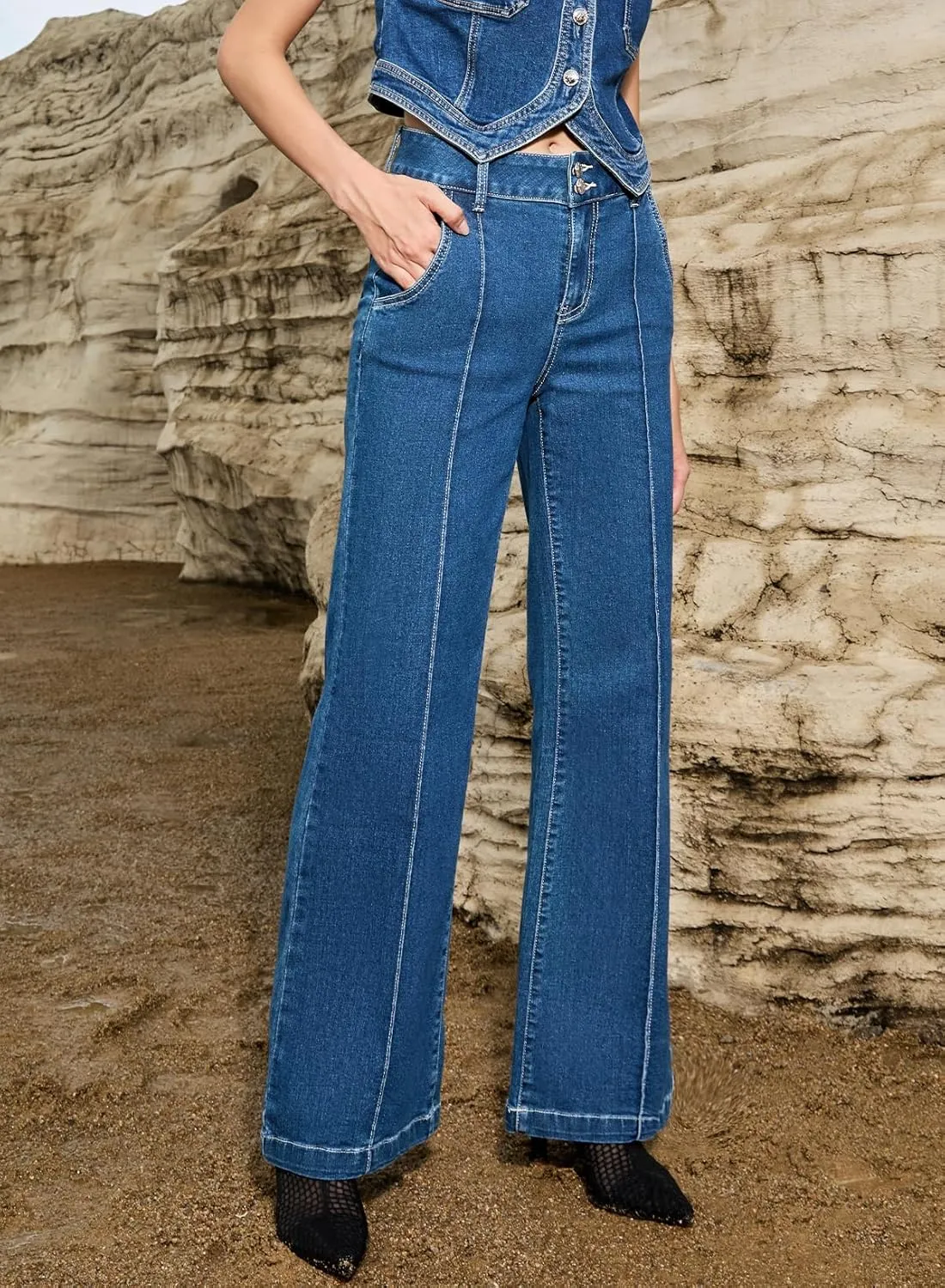 Sidefeel Womens Wide Leg Jeans Casual Baggy High Waisted Stretch Denim Pants