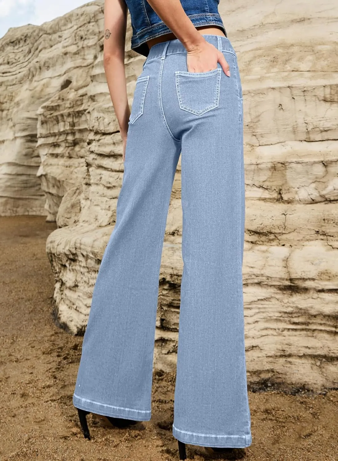 Sidefeel Womens Wide Leg Jeans Casual Baggy High Waisted Stretch Denim Pants