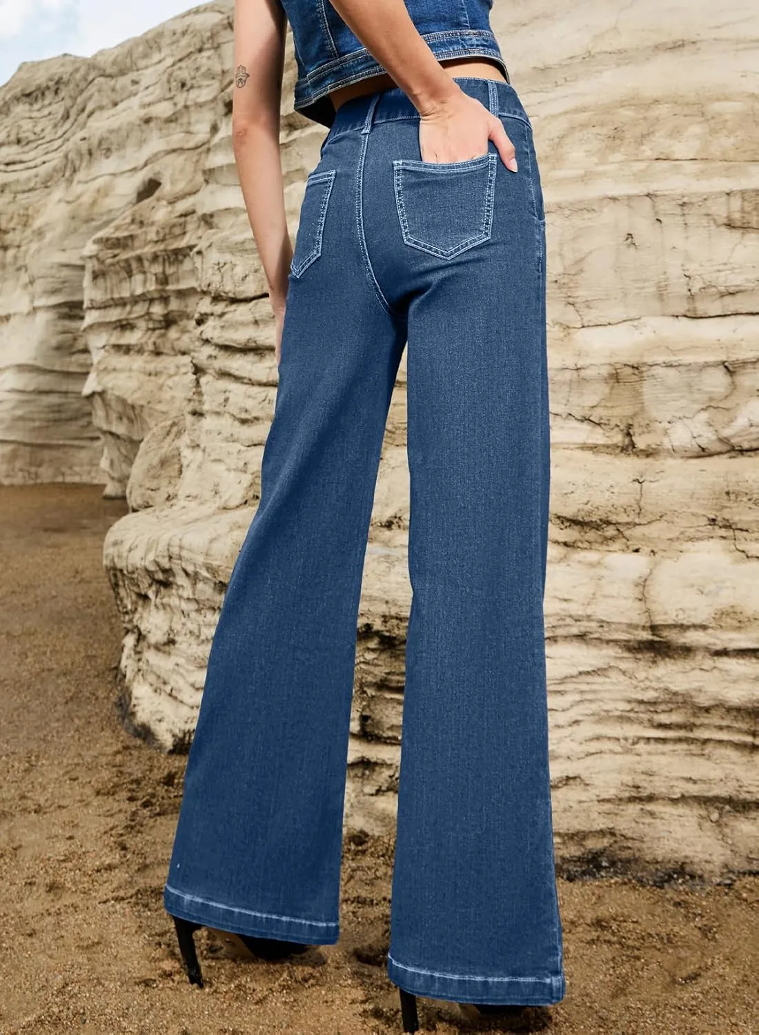 Sidefeel Womens Wide Leg Jeans Casual Baggy High Waisted Stretch Denim Pants