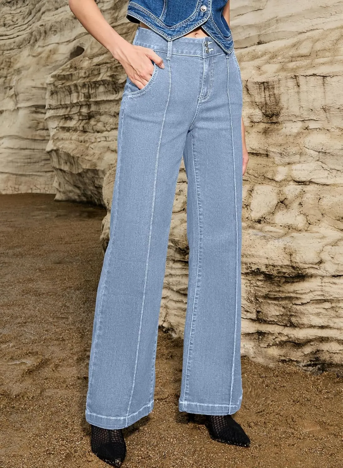 Sidefeel Womens Wide Leg Jeans Casual Baggy High Waisted Stretch Denim Pants