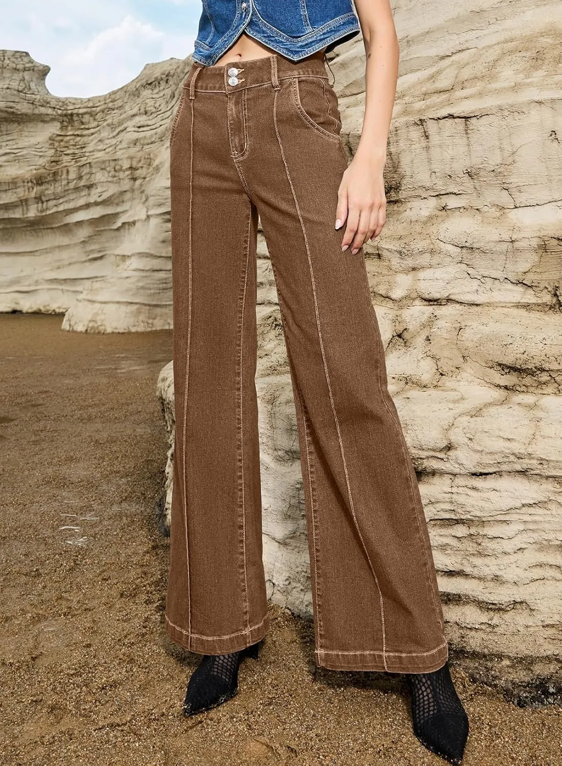 Sidefeel Womens Wide Leg Jeans Casual Baggy High Waisted Stretch Denim Pants