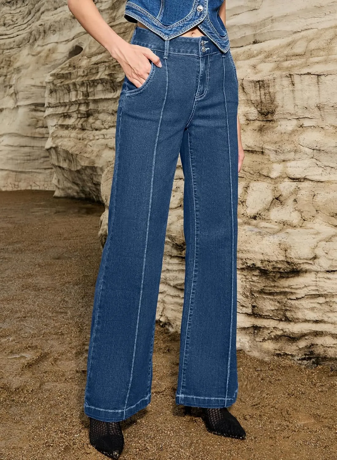 Sidefeel Womens Wide Leg Jeans Casual Baggy High Waisted Stretch Denim Pants