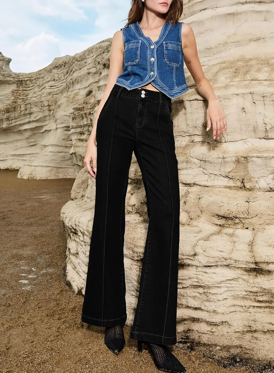 Sidefeel Womens Wide Leg Jeans Casual Baggy High Waisted Stretch Denim Pants