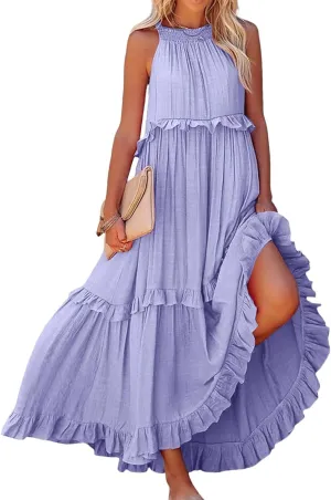 Smocked Halter Maxi Dresses for Women 2024 Summer Tiered Beach Dress Sleeveless Flowy Swing Dresses with Pockets