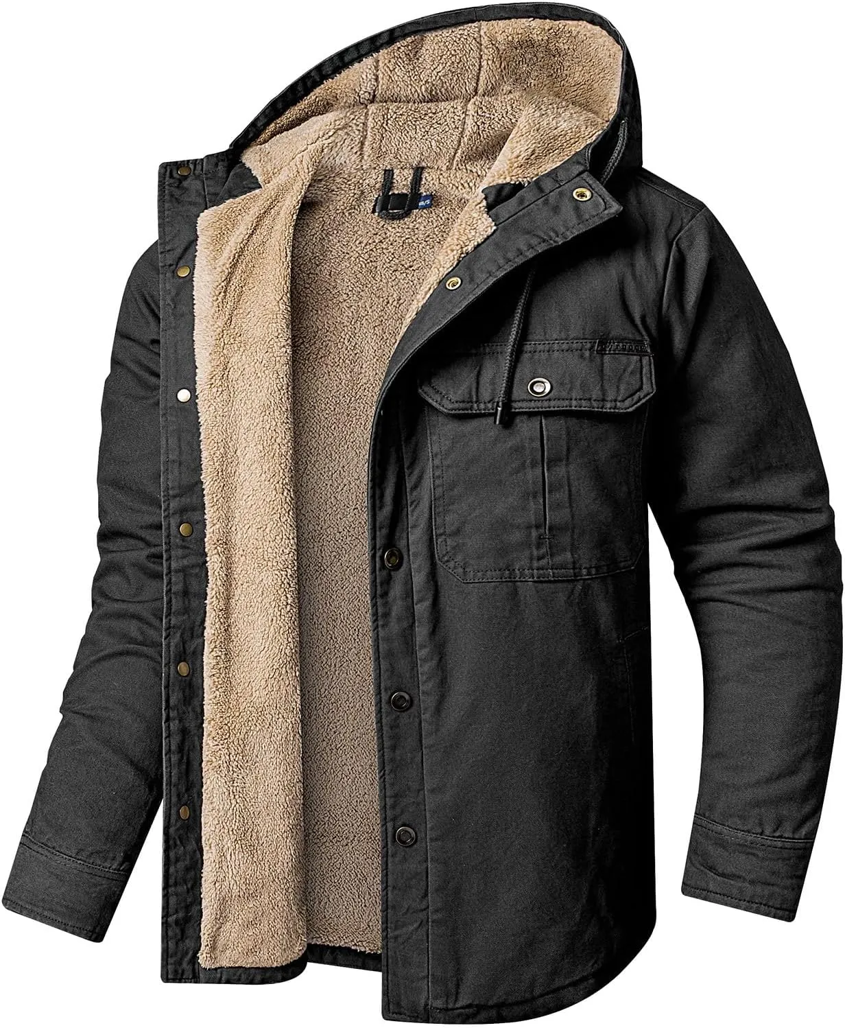 Smoneyful Mens Fleece Jacket Hooded Thicken Warm Hooded Flannel Shirts Button Down Tops Fall Wool Coat Jacket with Pocket