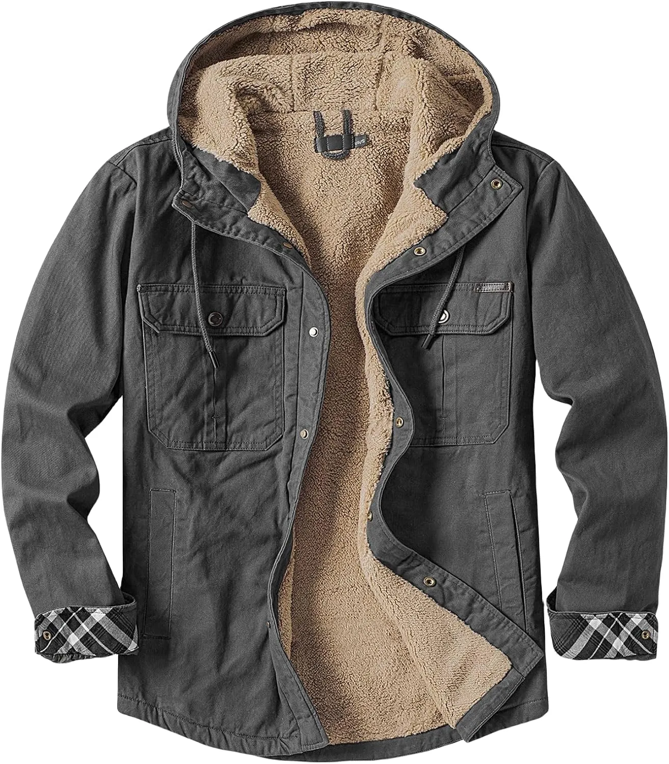 Smoneyful Mens Fleece Jacket Hooded Thicken Warm Hooded Flannel Shirts Button Down Tops Fall Wool Coat Jacket with Pocket