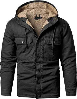 Smoneyful Mens Fleece Jacket Hooded Thicken Warm Hooded Flannel Shirts Button Down Tops Fall Wool Coat Jacket with Pocket