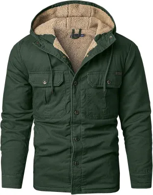 Smoneyful Mens Fleece Jacket Hooded Thicken Warm Hooded Flannel Shirts Button Down Tops Fall Wool Coat Jacket with Pocket