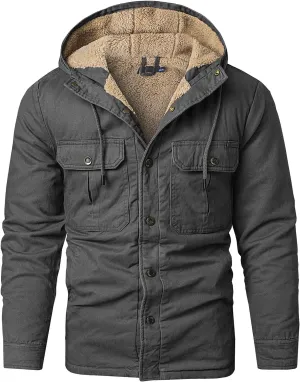 Smoneyful Mens Fleece Jacket Hooded Thicken Warm Hooded Flannel Shirts Button Down Tops Fall Wool Coat Jacket with Pocket