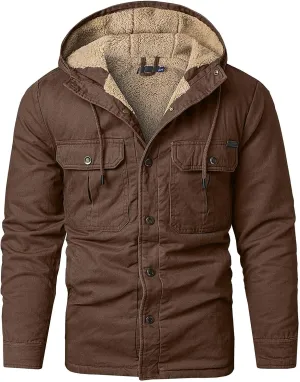 Smoneyful Mens Fleece Jacket Hooded Thicken Warm Hooded Flannel Shirts Button Down Tops Fall Wool Coat Jacket with Pocket