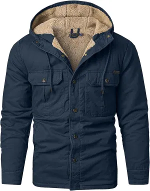 Smoneyful Mens Fleece Jacket Hooded Thicken Warm Hooded Flannel Shirts Button Down Tops Fall Wool Coat Jacket with Pocket