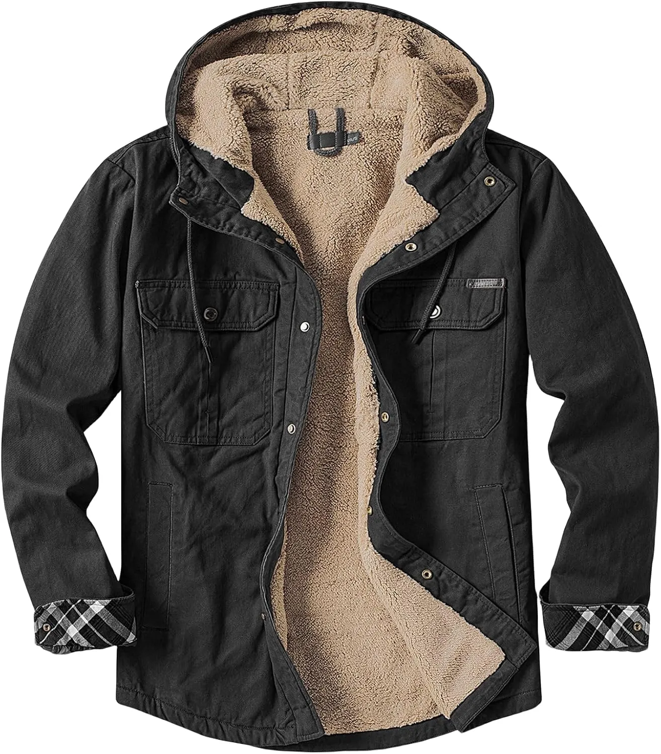 Smoneyful Mens Fleece Jacket Hooded Thicken Warm Hooded Flannel Shirts Button Down Tops Fall Wool Coat Jacket with Pocket