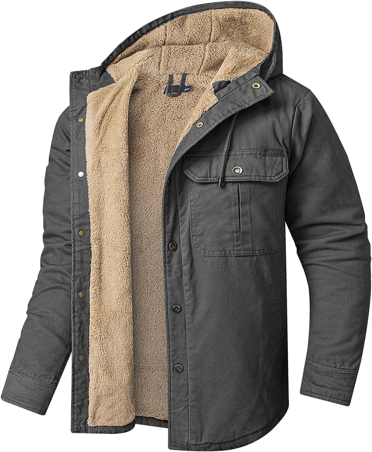 Smoneyful Mens Fleece Jacket Hooded Thicken Warm Hooded Flannel Shirts Button Down Tops Fall Wool Coat Jacket with Pocket