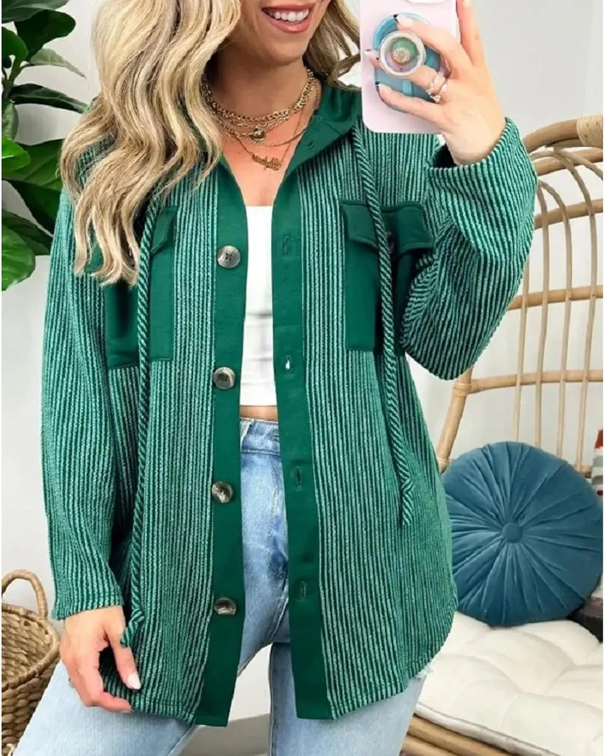 Smoneyful Womens Hooded Jackets Casual Long Sleeve Coat Cozy Button Down Shirts with Hood Loose Lightweight Shirt Jacket