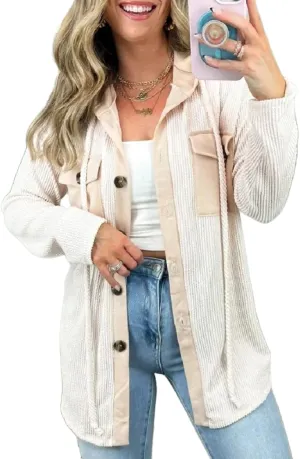 Smoneyful Womens Hooded Jackets Casual Long Sleeve Coat Cozy Button Down Shirts with Hood Loose Lightweight Shirt Jacket