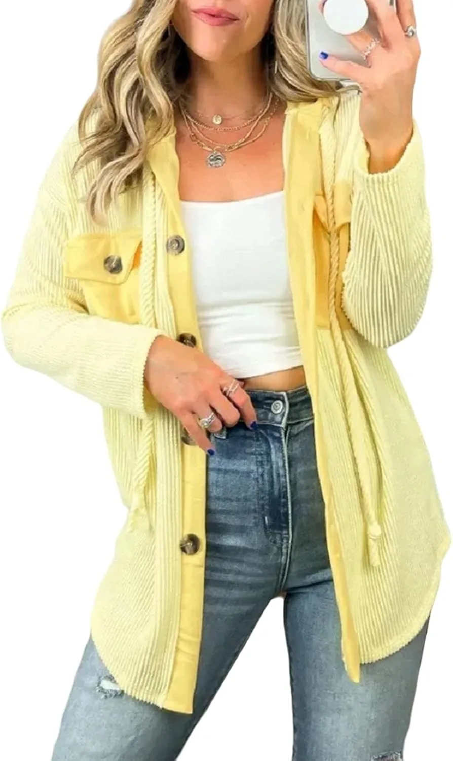 Smoneyful Womens Hooded Jackets Casual Long Sleeve Coat Cozy Button Down Shirts with Hood Loose Lightweight Shirt Jacket