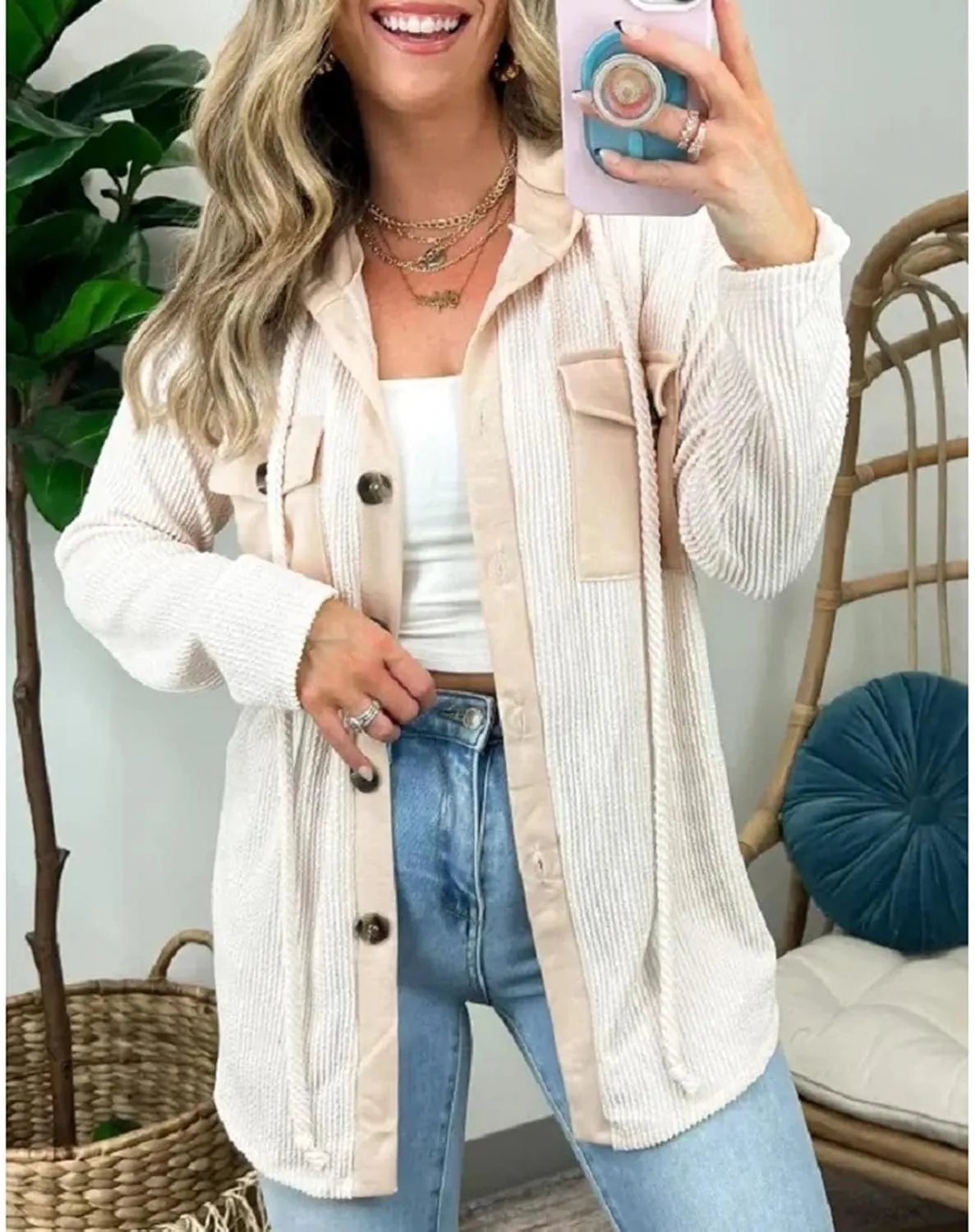 Smoneyful Womens Hooded Jackets Casual Long Sleeve Coat Cozy Button Down Shirts with Hood Loose Lightweight Shirt Jacket