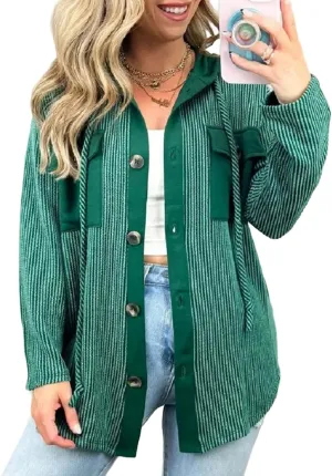 Smoneyful Womens Hooded Jackets Casual Long Sleeve Coat Cozy Button Down Shirts with Hood Loose Lightweight Shirt Jacket