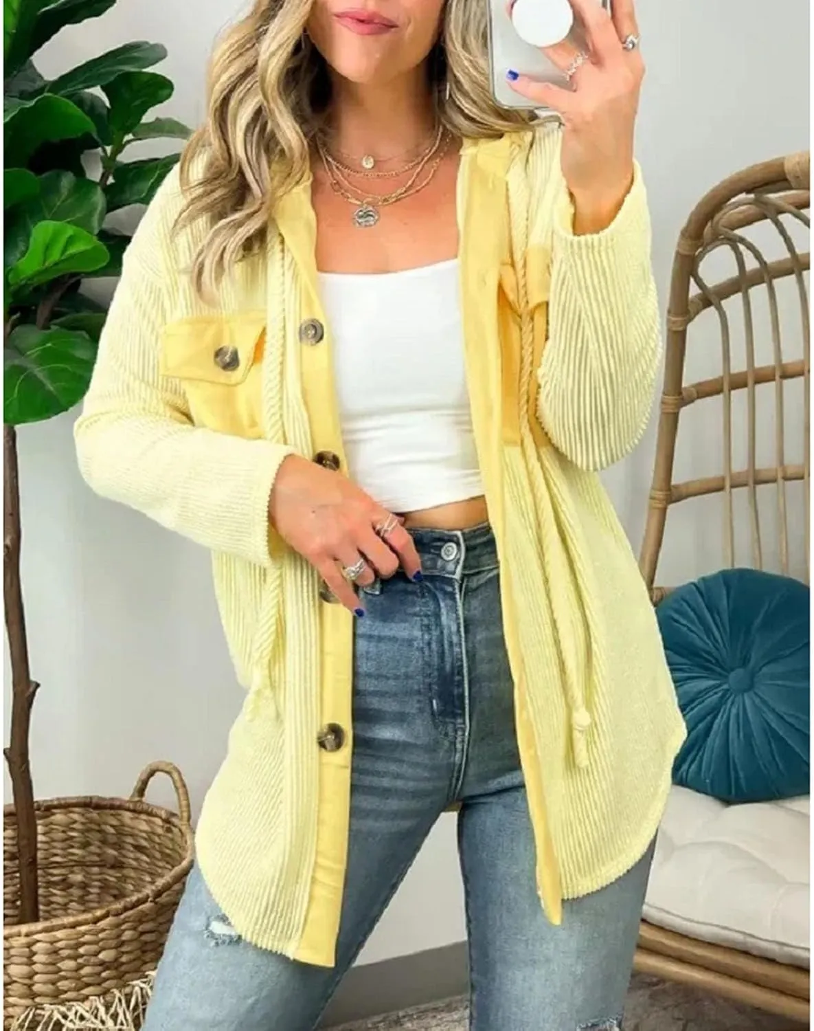 Smoneyful Womens Hooded Jackets Casual Long Sleeve Coat Cozy Button Down Shirts with Hood Loose Lightweight Shirt Jacket