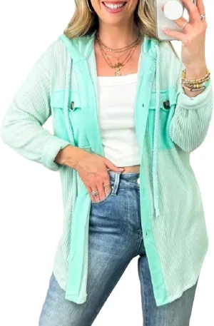 Smoneyful Womens Hooded Jackets Casual Long Sleeve Coat Cozy Button Down Shirts with Hood Loose Lightweight Shirt Jacket