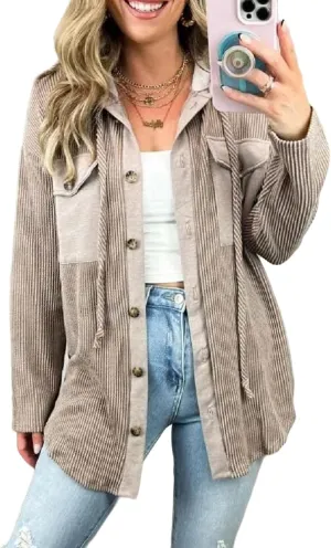 Smoneyful Womens Hooded Jackets Casual Long Sleeve Coat Cozy Button Down Shirts with Hood Loose Lightweight Shirt Jacket