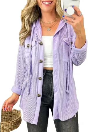 Smoneyful Womens Hooded Jackets Casual Long Sleeve Coat Cozy Button Down Shirts with Hood Loose Lightweight Shirt Jacket