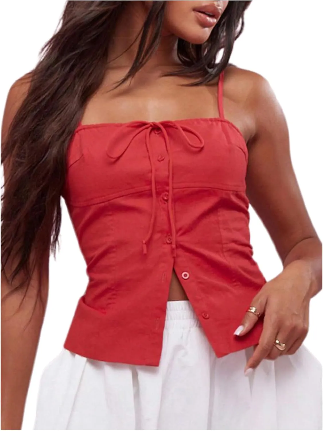 SOLY HUX Women's Tie Front Button Down Cami Top Y2k Spaghetti Strap Bustier Corset Tops Camisole