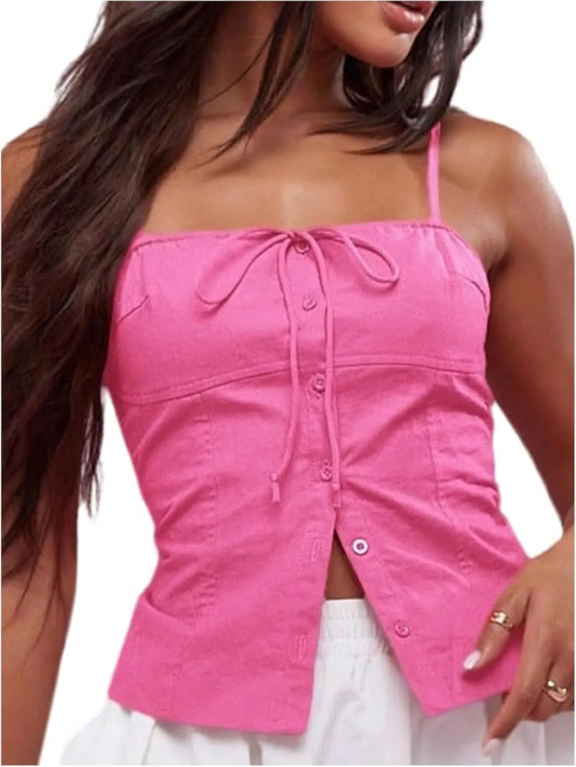 SOLY HUX Women's Tie Front Button Down Cami Top Y2k Spaghetti Strap Bustier Corset Tops Camisole
