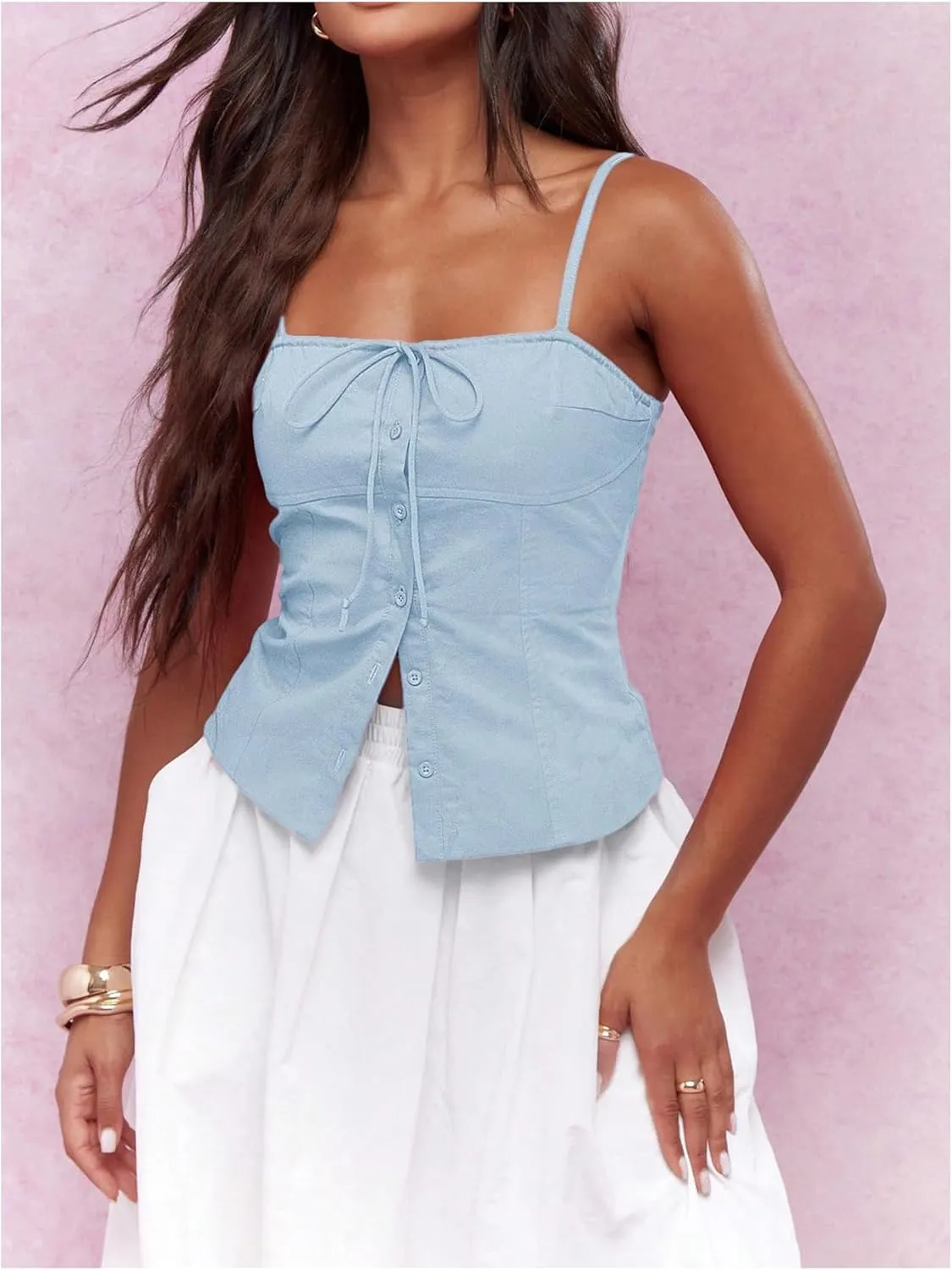 SOLY HUX Women's Tie Front Button Down Cami Top Y2k Spaghetti Strap Bustier Corset Tops Camisole