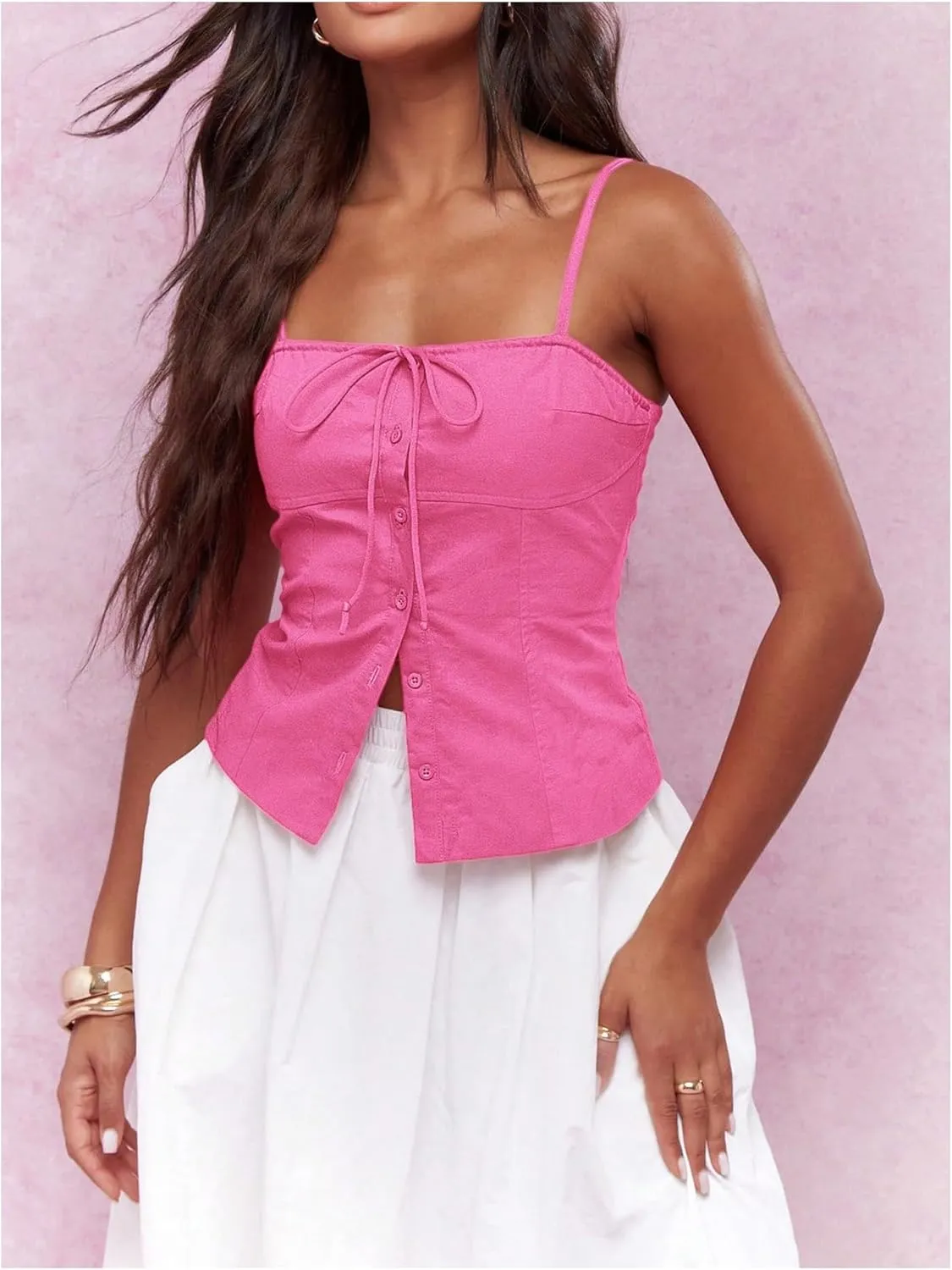 SOLY HUX Women's Tie Front Button Down Cami Top Y2k Spaghetti Strap Bustier Corset Tops Camisole
