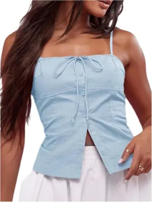 SOLY HUX Women's Tie Front Button Down Cami Top Y2k Spaghetti Strap Bustier Corset Tops Camisole