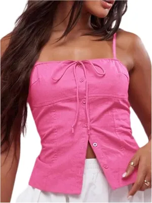 SOLY HUX Women's Tie Front Button Down Cami Top Y2k Spaghetti Strap Bustier Corset Tops Camisole
