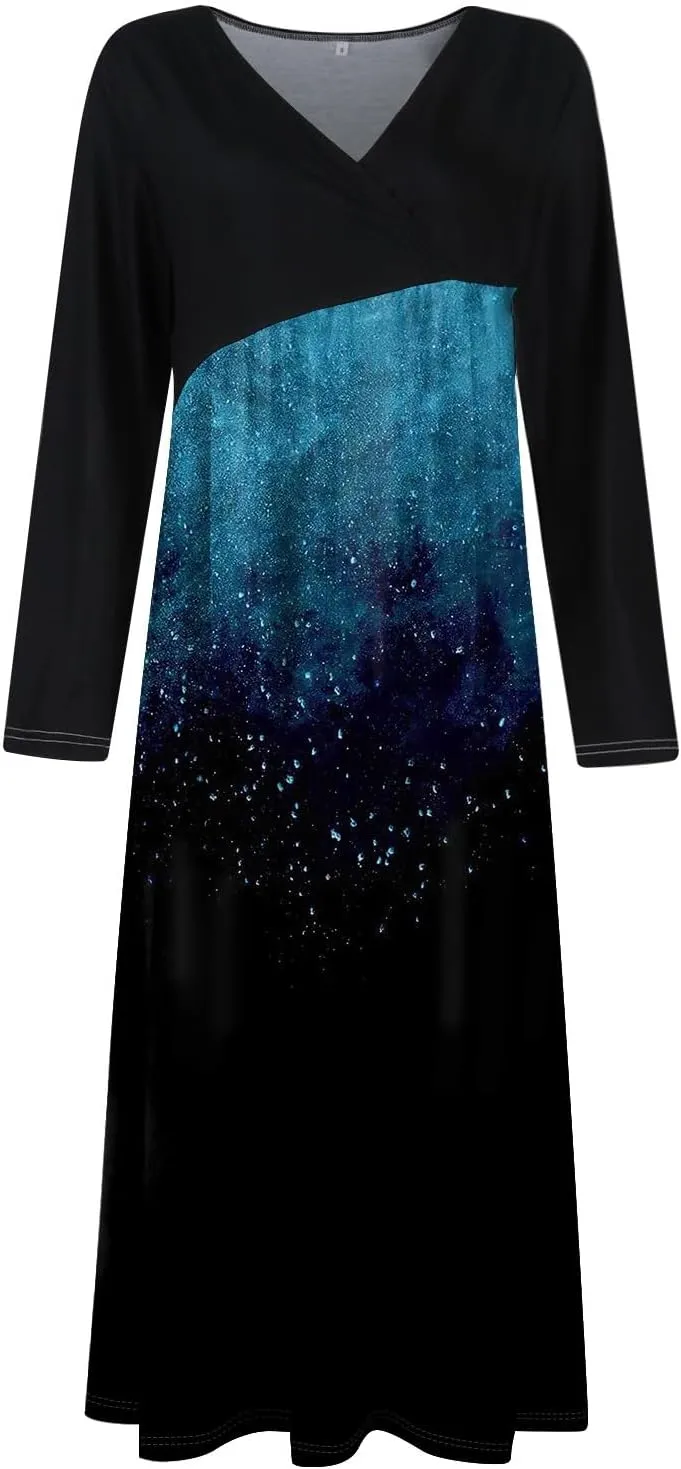 Spring Dresses for Women 2025 V Neck Midi Long Sleeve Modest Ladies Flowy Trendy Cruise Holiday Dress