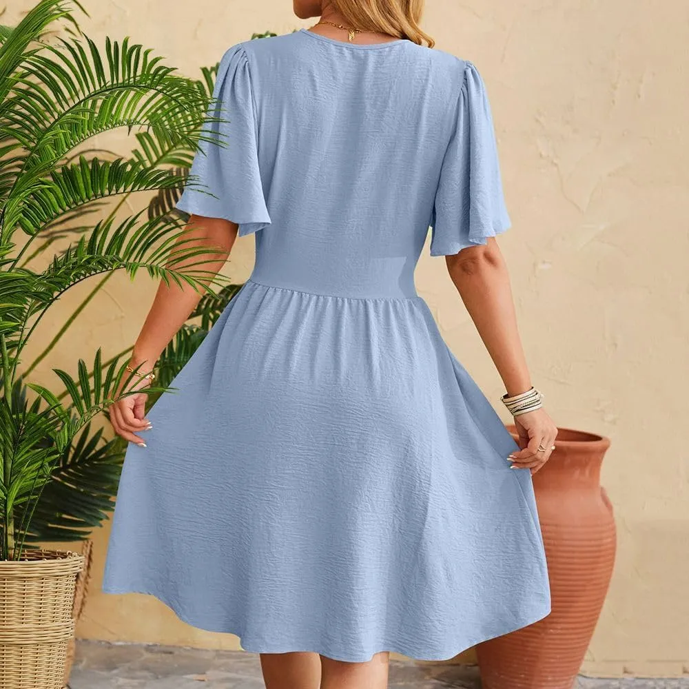 Spring/Summer Dresses for Women V-Neck Flared Sleeve Slimming Waist Ruffled Skirt Short Sleeve Beach Dress